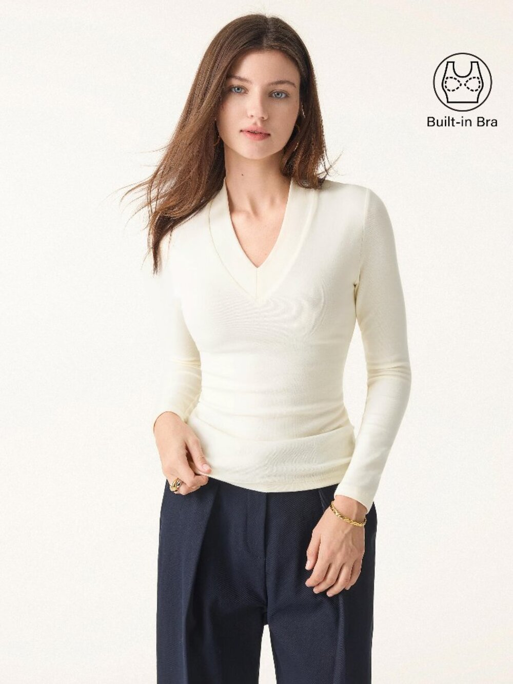 OGL LiteWarm Essential V-neck Wide Binding Slimming Bra Top in Cream - Medium